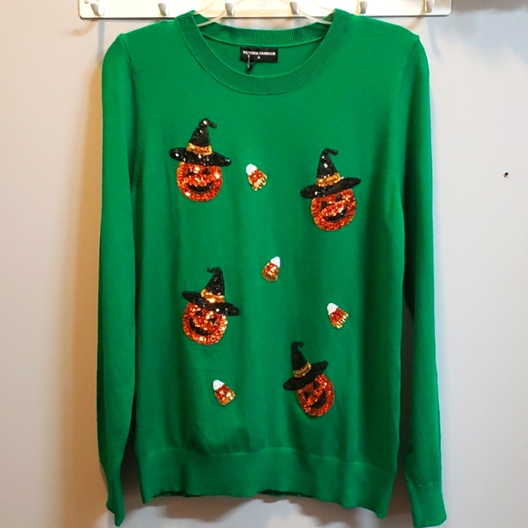 Victoria Harbour Sweaters - Victoria Harbour Kelly Green Sweater with Sequined Pumpkins and Candy Corn